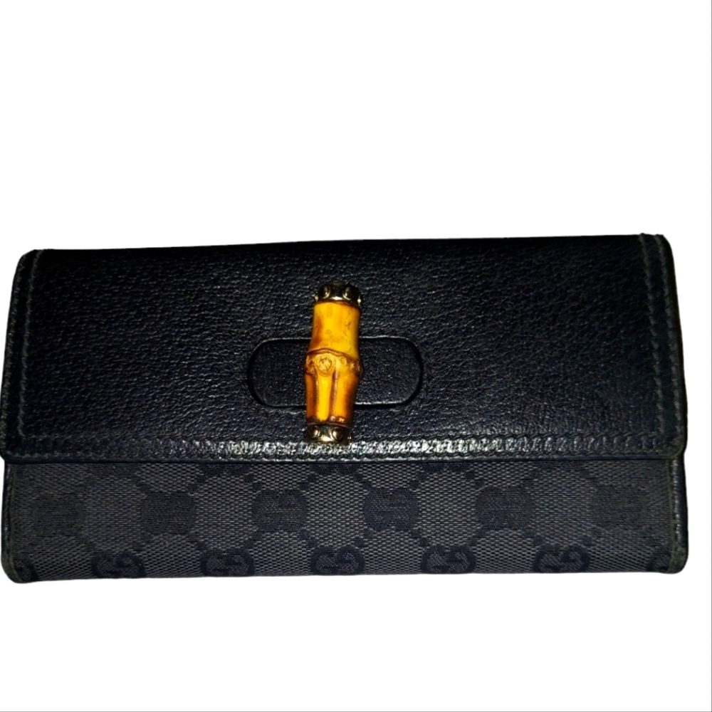 Gucci GG Black Leather Canvas Bamboo Collection Long Wallet